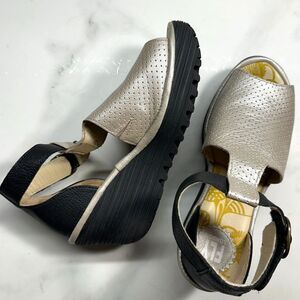 FLY London Yall Wedge Peep Toe Sandals, Black & Champagne Women's EU 36 US 5.5-6